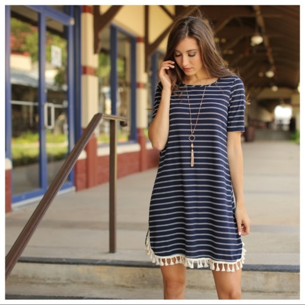 Navy striped tassle hem dress